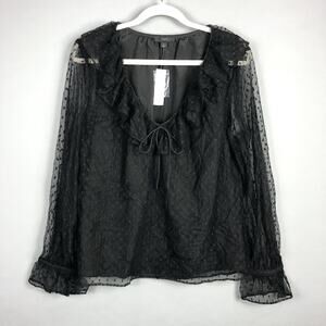 J. Crew Ruffled Polka Dot Mesh Top SZ L Black Long Sleeve V-Neck Lined NWT